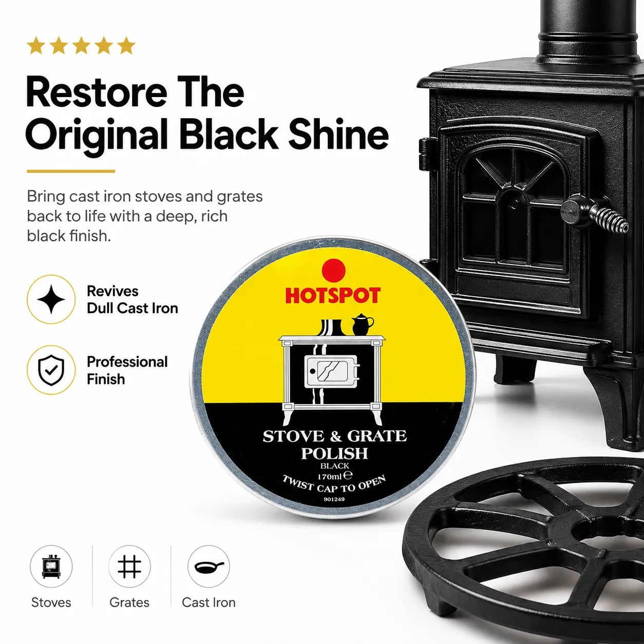š„Last Day 50% OFF - š§¼Hotspot Black Stove & Grate Polish ā Cast Iron Restorer for Wood Stoves, Fireplaces & Grates