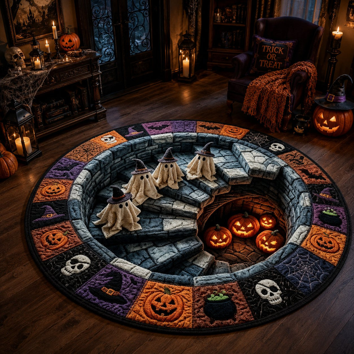 🔥HOT SALE 50% OFF -🔥 3D Haunted Staircase Round Rug – Spooky Halloween Optical Illusion 👻