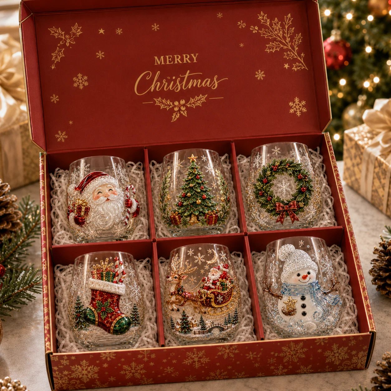 🎄Magical Christmas 3D Glass Cup Collection – Santa, Reindeer, Snowman & Christmas Tree
