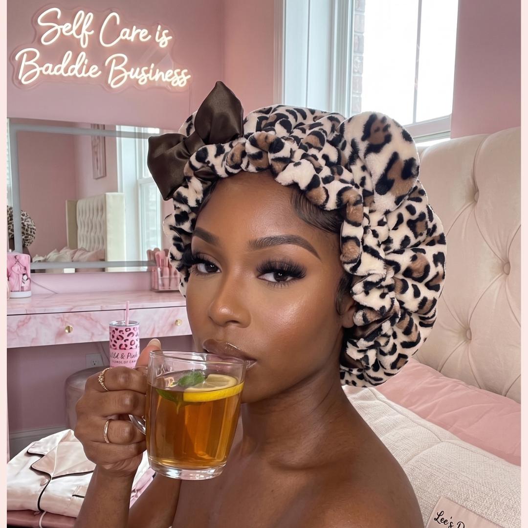 🔥Pink Leopard Teddy Fleece Hair Bonnet Protective Sleep Hair Cap🌙