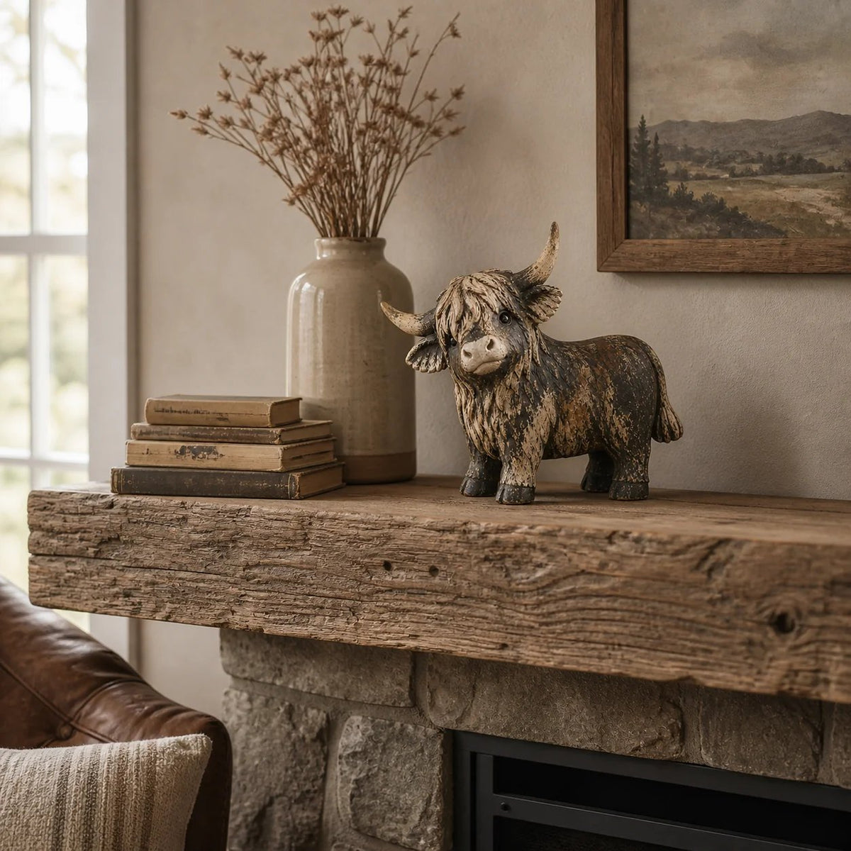 🐮 Rustic Highland Cows Figurine – Charming Farmhouse Tabletop Decor