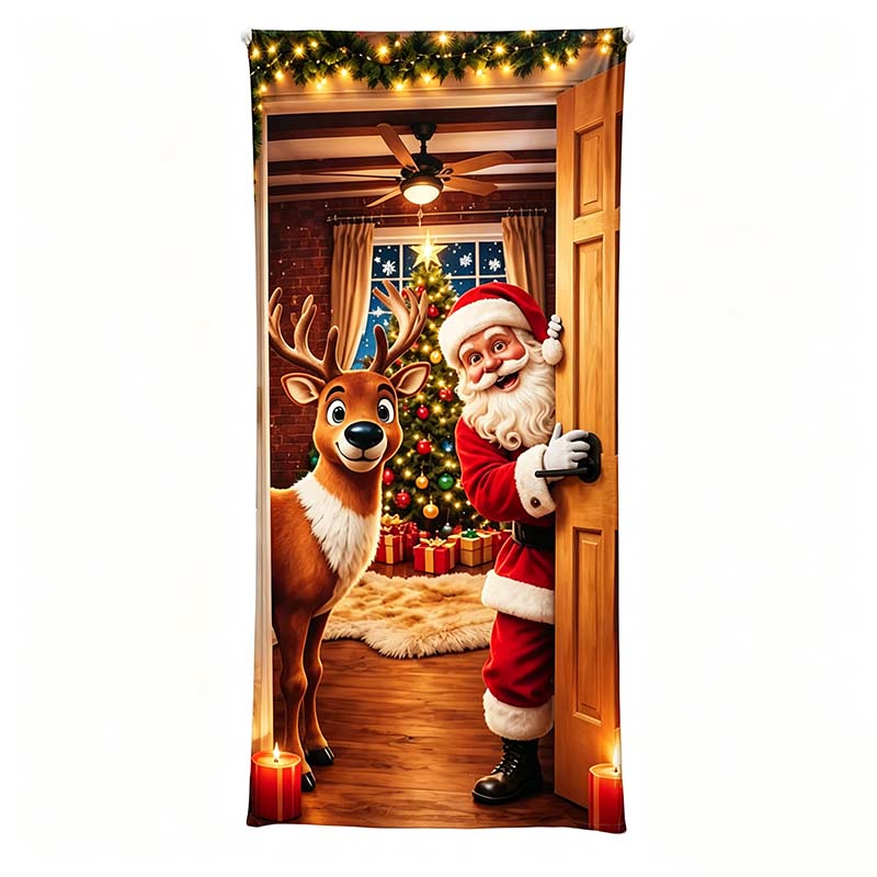 Christmas Door Cover - Stretch Fit Santa & Reindeer Door Decoration with 4-Side Elastic Edges🎅