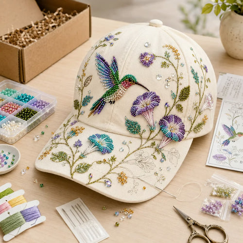 🧢✨ Premium Hummingbird Garden Beaded Hat DIY Kit | Luxury Flocked Canvas with Scratch-Resistant Non-Fading Pearl Beads DIY Handmade Floral Cap Decor 🌿