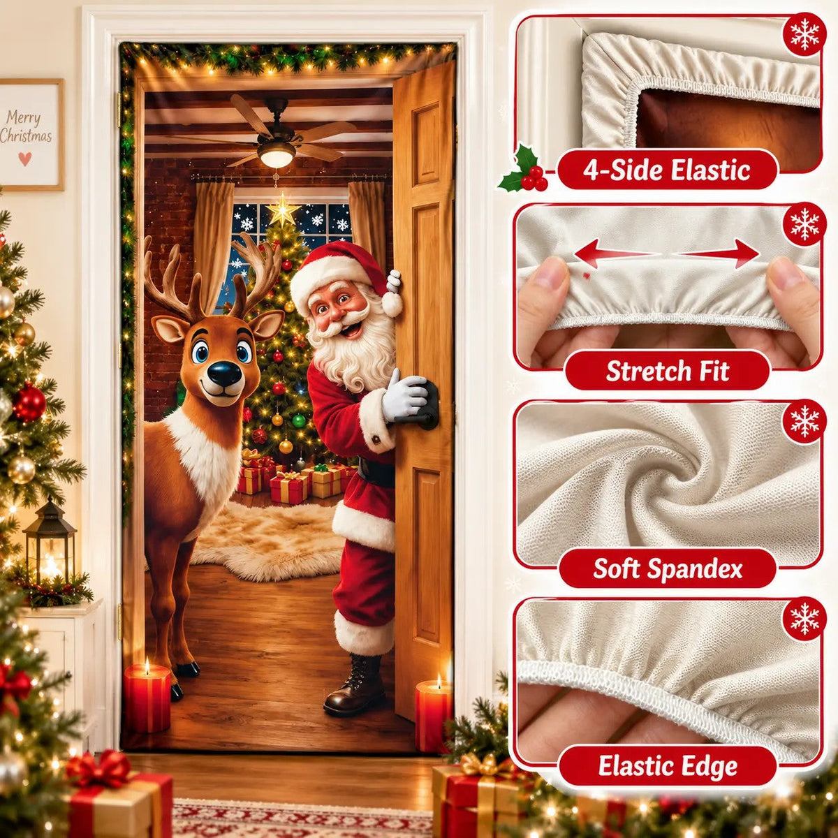 Christmas Door Cover - Stretch Fit Santa & Reindeer Door Decoration with 4-Side Elastic Edges🎅