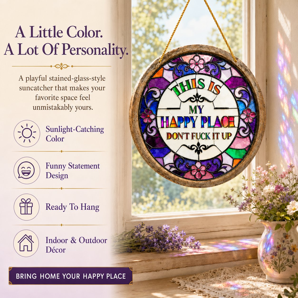 🔥 LAST DAY 49% OFF – 🌈Happy Place Hanging Suncatcher | Sunlight-Catching Quote Decor for Windows, Porches, Patios & Gifts ✨
