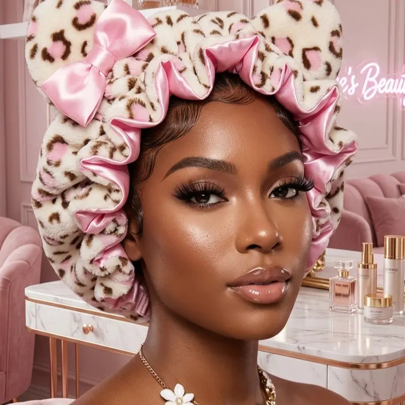 🔥Pink Leopard Teddy Fleece Hair Bonnet Protective Sleep Hair Cap🌙