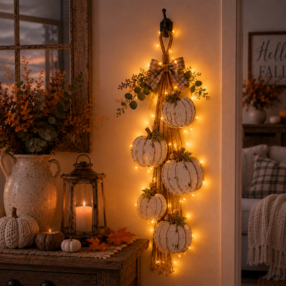 Rustic White Pumpkin Hanging Swag – 5-Pumpkin Fall Door & Wall Decoration for Farmhouse Autumn Decor