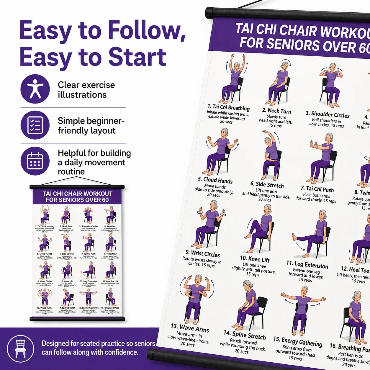 Senior Wellness Exercise Poster – 16-Step Chair Tai Chi Routine for Daily Mobility
