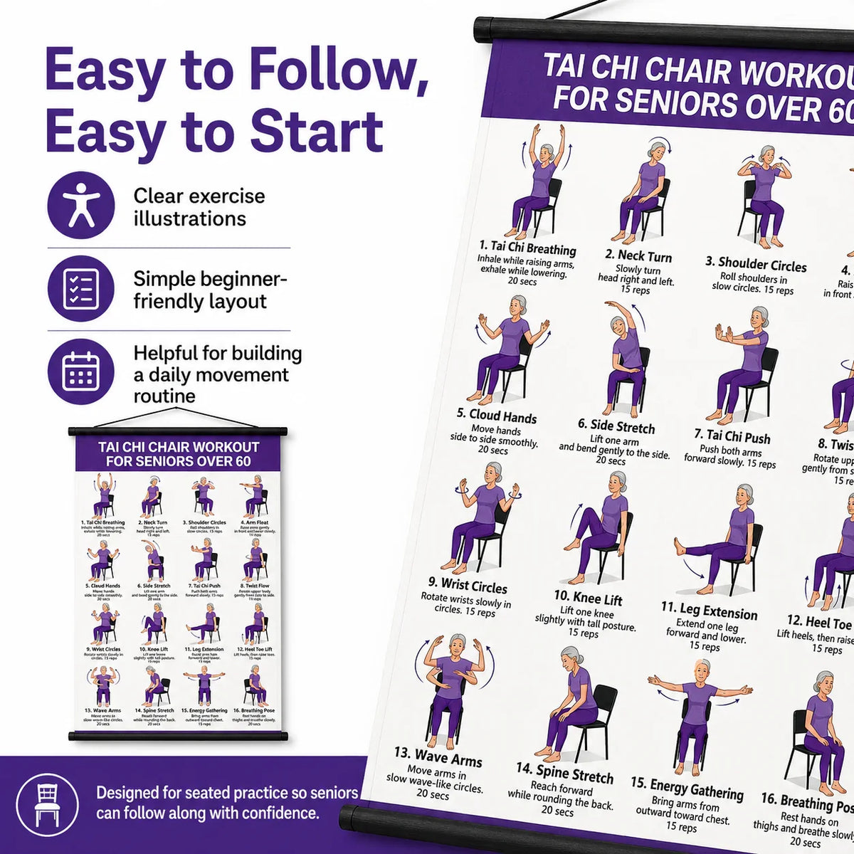 🔥Last Day 49% OFF-🧘‍♀️Senior Wellness Exercise Poster 16-Step Chair Tai Chi