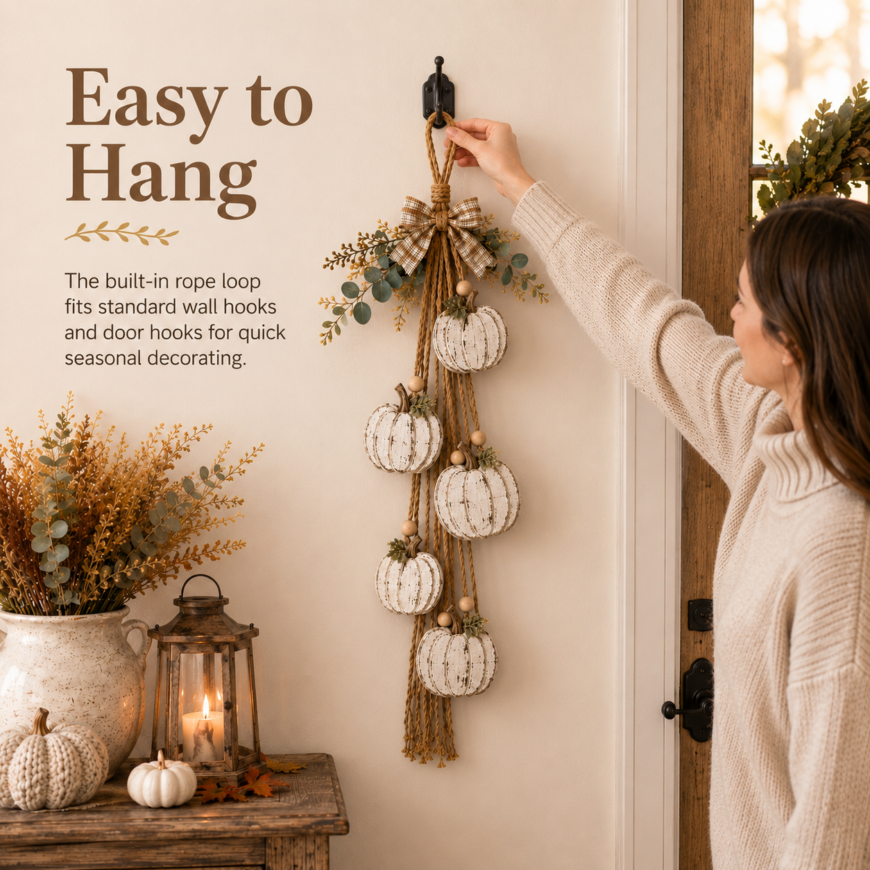 Rustic White Pumpkin Hanging Swag – 5-Pumpkin Fall Door & Wall Decoration for Farmhouse Autumn Decor