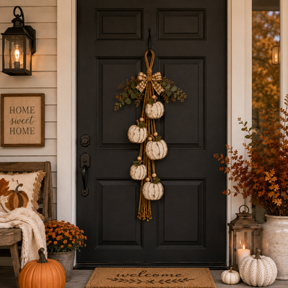 Rustic White Pumpkin Hanging Swag – 5-Pumpkin Fall Door & Wall Decoration for Farmhouse Autumn Decor