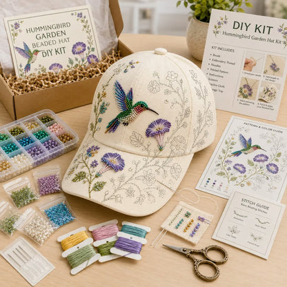 🧢✨ Premium Hummingbird Garden Beaded Hat DIY Kit | Luxury Flocked Canvas with Scratch-Resistant Non-Fading Pearl Beads DIY Handmade Floral Cap Decor 🌿