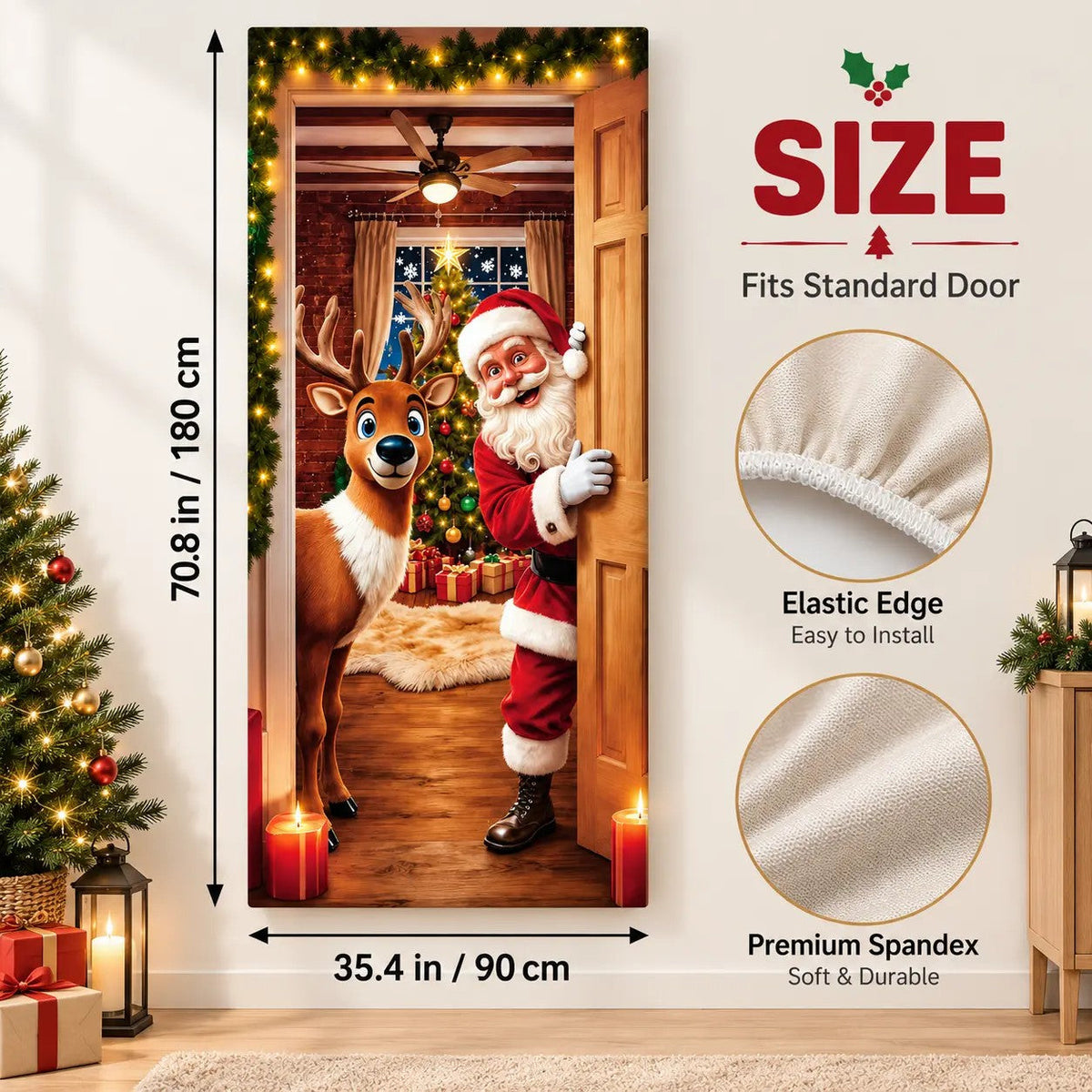 Christmas Door Cover - Stretch Fit Santa & Reindeer Door Decoration with 4-Side Elastic Edges🎅