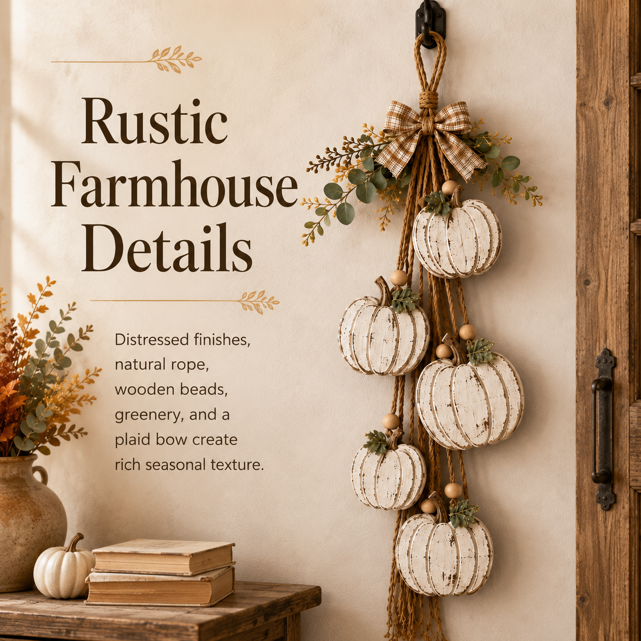 Rustic White Pumpkin Hanging Swag – 5-Pumpkin Fall Door & Wall Decoration for Farmhouse Autumn Decor
