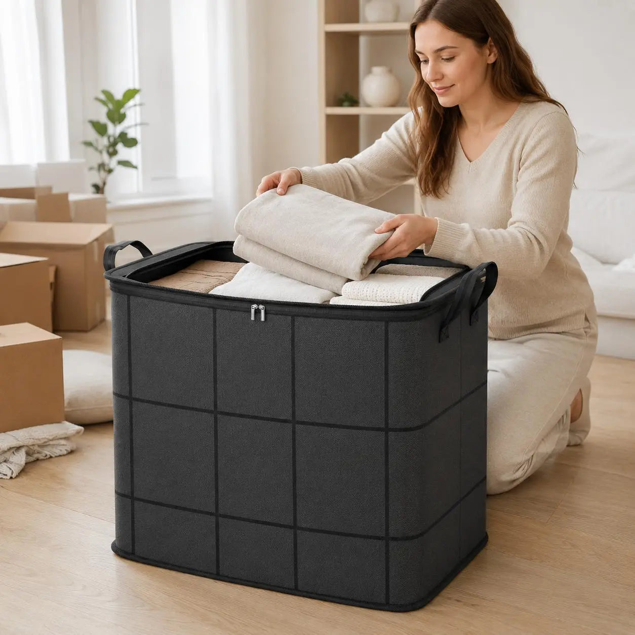 🔥Spacious Moving Storage Bin – Large Capacity Zippered Fabric Organizer for Bedding & Clothes