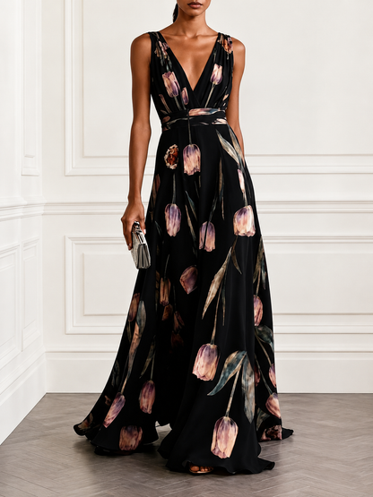 Floral Print Deep V-Neck Maxi Dress