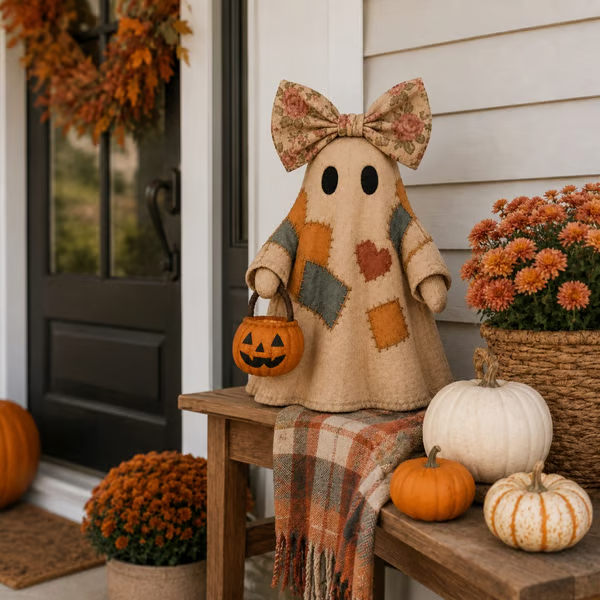 🍂👻 Lighted Vintage Patchwork Ghost🎃