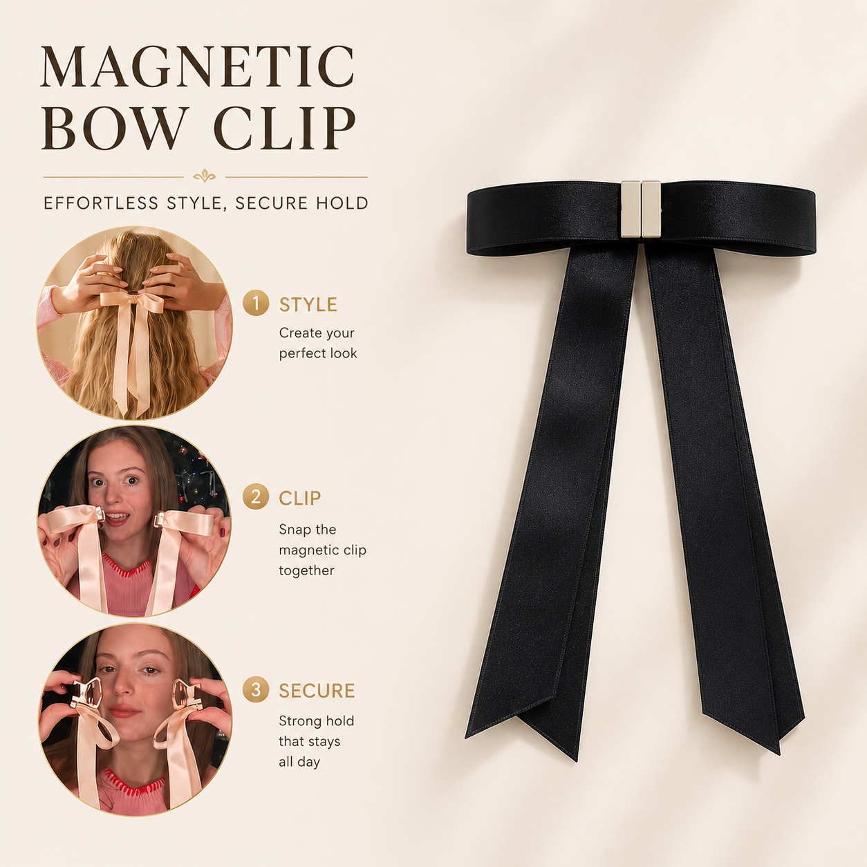 Magnetic Bow Clip-Seamless 2-in-1 Design for Salon, Home & Everyday Hair styling, Intuitive, No Slip