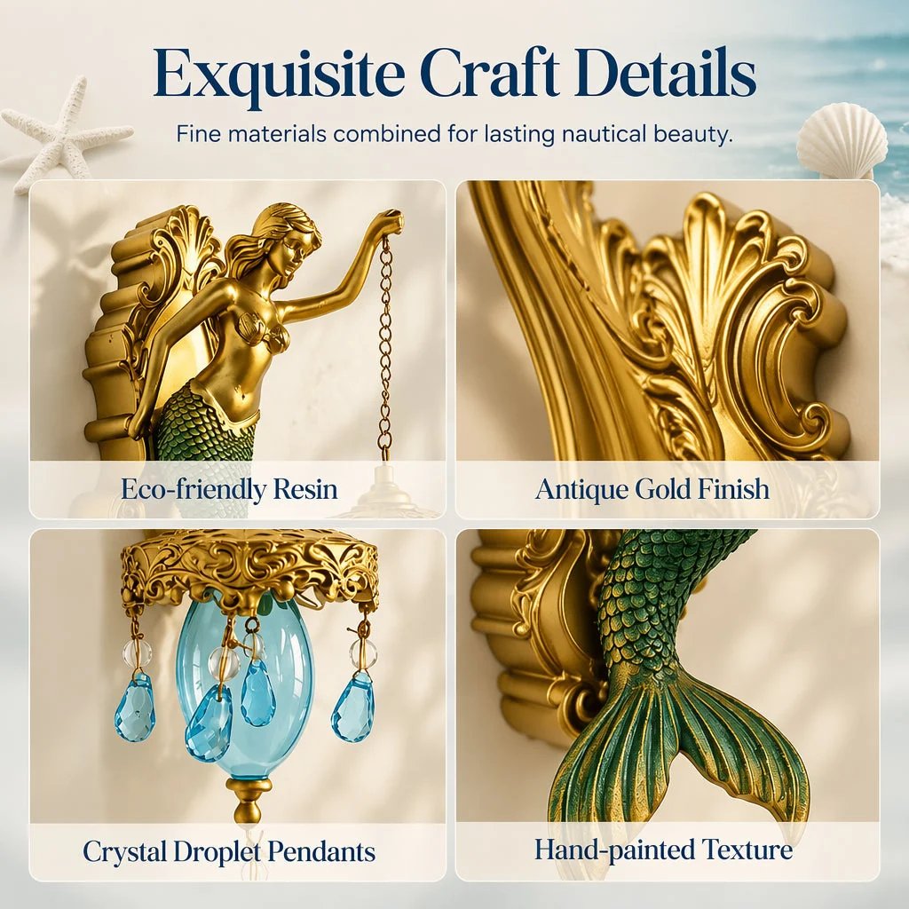 ⏳HOT SALE 62% OFF!!🌊Antique Gold Coastal Mermaid Wall Light 🧜‍♀️✨  Hand-Painted Vintage Sconce for Indoors & Covered Outdoor Spaces 🏡🌊