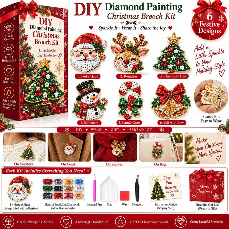 🎄 DIY Diamond Painting Christmas Brooch Kit — 6-Piece Make & Wear Craft Set ✨