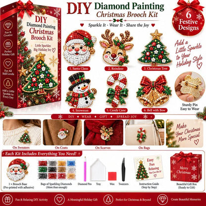 🎄 DIY Diamond Painting Christmas Brooch Kit — 6-Piece Make & Wear Craft Set ✨
