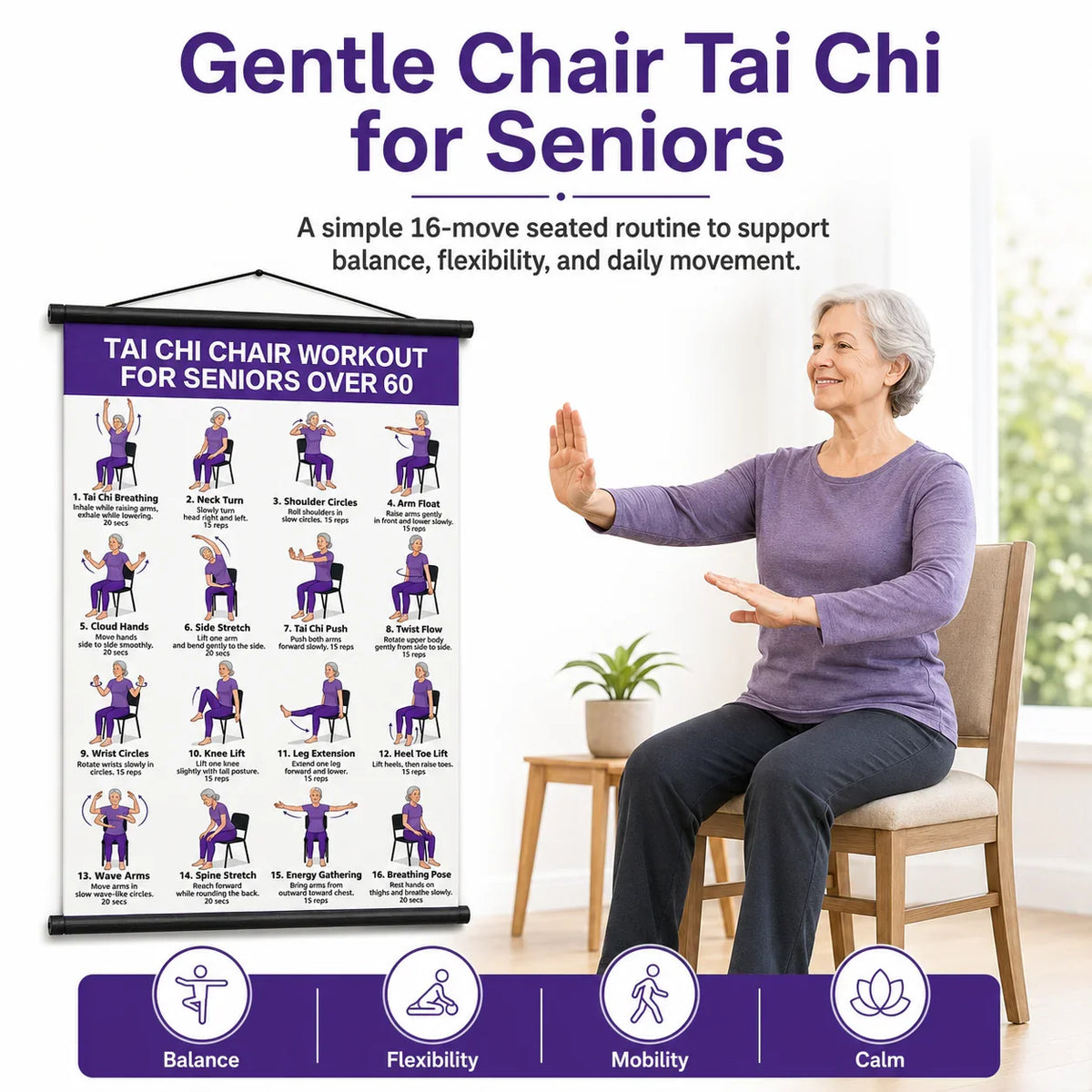 🔥Last Day 49% OFF-🧘‍♀️Senior Wellness Exercise Poster 16-Step Chair Tai Chi