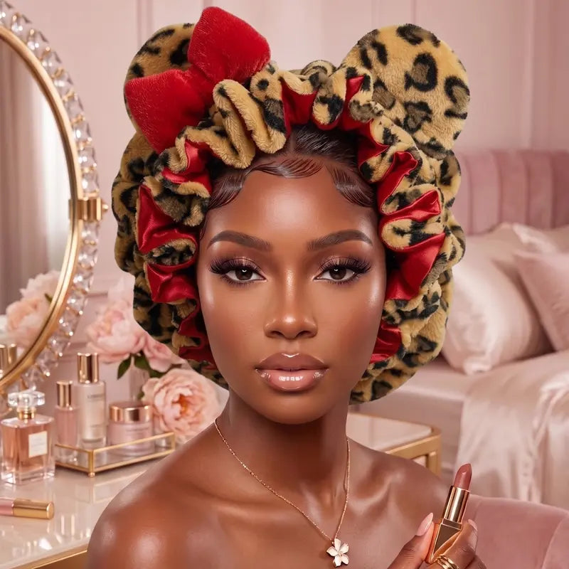 🔥Pink Leopard Teddy Fleece Hair Bonnet Protective Sleep Hair Cap🌙