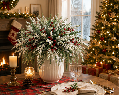 🔥 🎄Snow-Covered Cedar & Red Berries – Christmas Holiday Decor