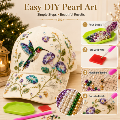 🧢✨ Premium Hummingbird Garden Beaded Hat DIY Kit | Luxury Flocked Canvas with Scratch-Resistant Non-Fading Pearl Beads DIY Handmade Floral Cap Decor 🌿