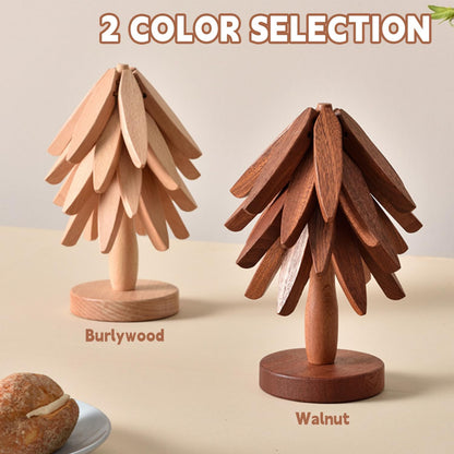 🌺Last Day 49% OFF🎅Natural Tree Trivet Set - 4 Wooden Trivets & 1 Stand Like a Christmas Tree