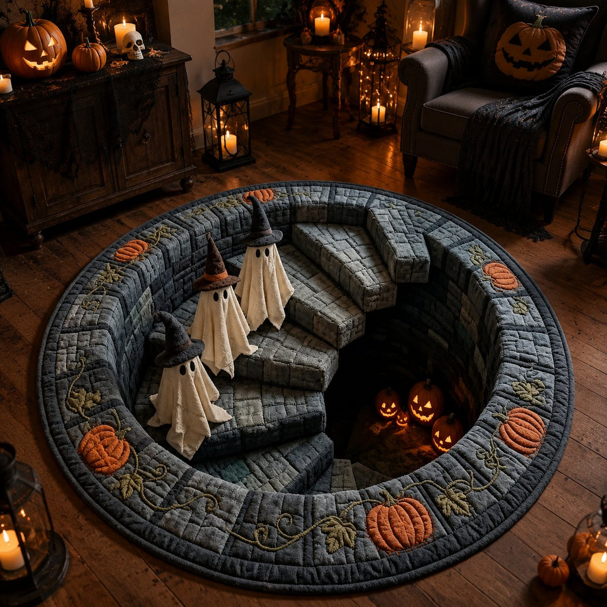 🔥HOT SALE 50% OFF -🔥 3D Haunted Staircase Round Rug – Spooky Halloween Optical Illusion 👻