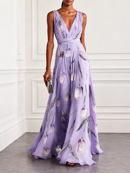 Floral Print Deep V-Neck Maxi Dress