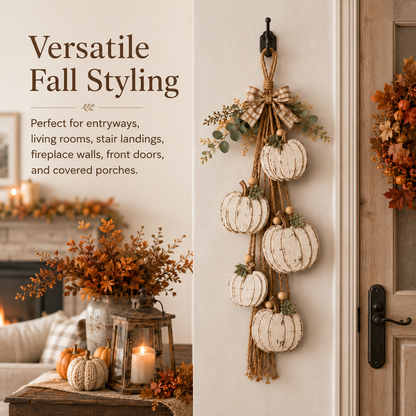 Rustic White Pumpkin Hanging Swag – 5-Pumpkin Fall Door & Wall Decoration for Farmhouse Autumn Decor