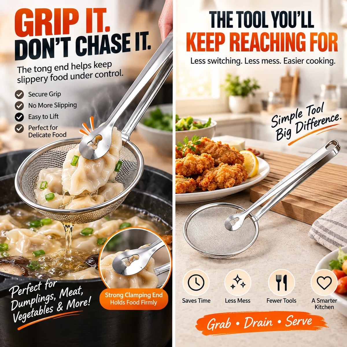 🔥 2pack-2-in-1 Stainless Steel Strainer Tongs – Grab, Drain & Serve with One Tool