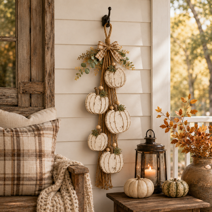 Rustic White Pumpkin Hanging Swag – 5-Pumpkin Fall Door & Wall Decoration for Farmhouse Autumn Decor