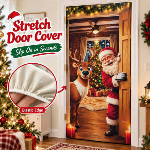 Christmas Door Cover - Stretch Fit Santa & Reindeer Door Decoration with 4-Side Elastic Edges🎅