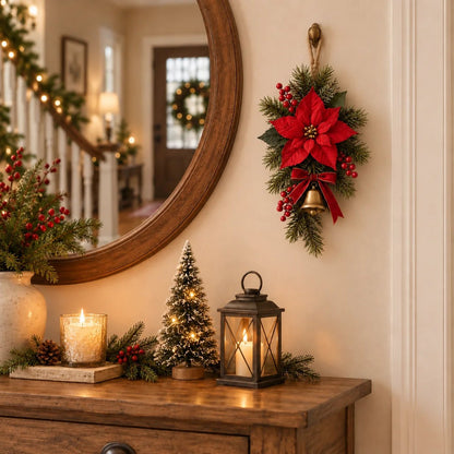 💯 🎄 Classic Red Poinsettia Christmas Door Swag ❤️ – Festive Holiday Floral Wreath Decor for Front Door & Home