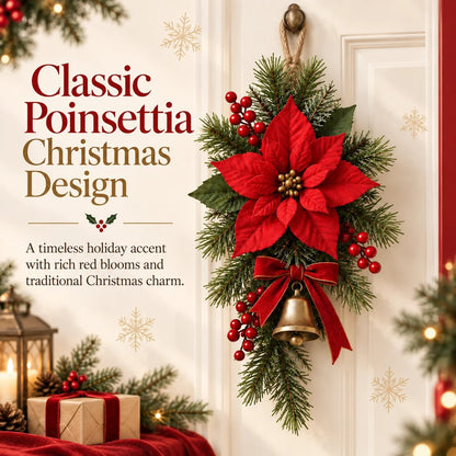 💯 🎄 Classic Red Poinsettia Christmas Door Swag ❤️ – Festive Holiday Floral Wreath Decor for Front Door & Home