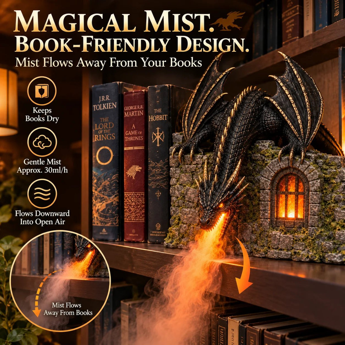 MistWyrm Dragon Diffuser – Glowing Mist for Your Bookshelf 🐉