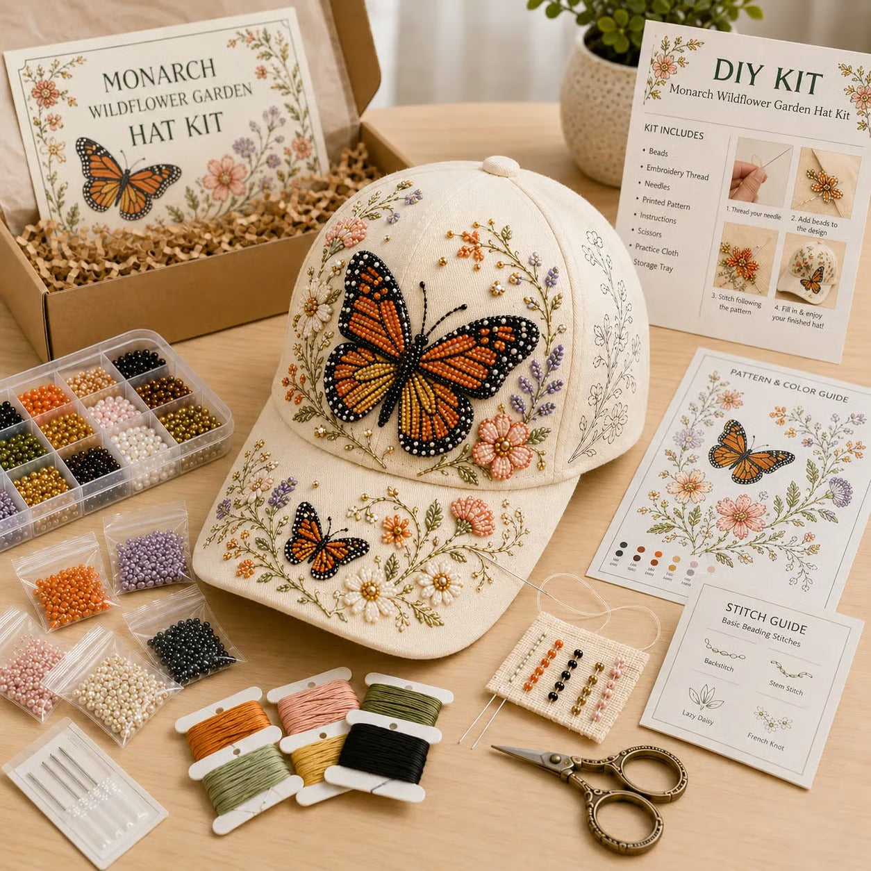 🧢✨ Premium Hummingbird Garden Beaded Hat DIY Kit | Luxury Flocked Canvas with Scratch-Resistant Non-Fading Pearl Beads DIY Handmade Floral Cap Decor 🌿