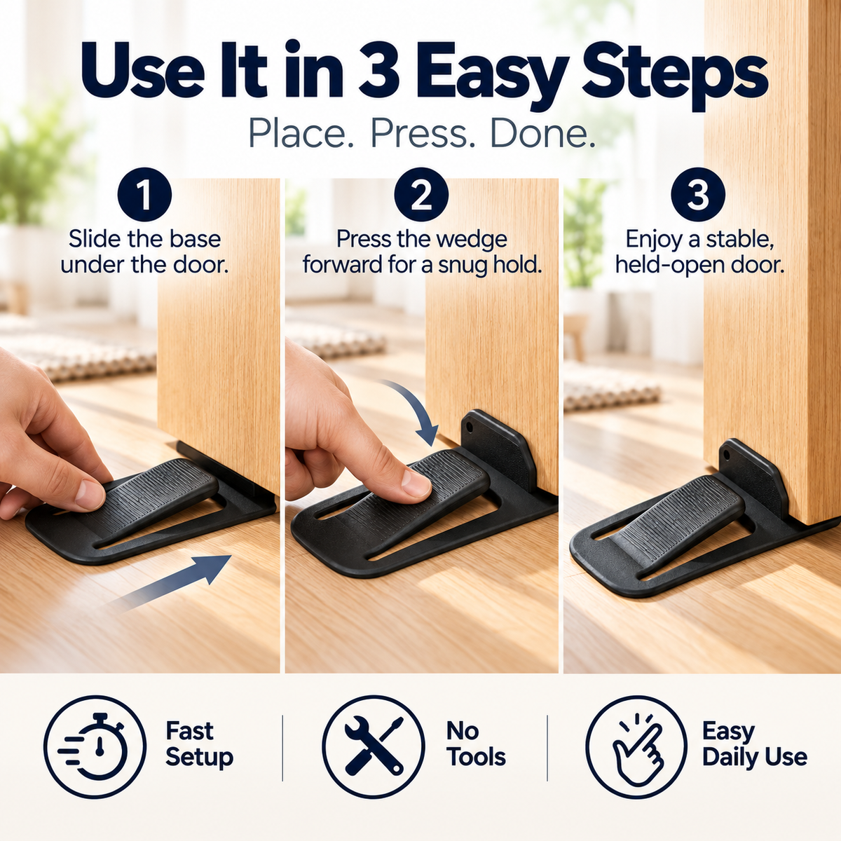 No-Drill Door Stopper — Low-Profile Repositionable Interior Door Holder
