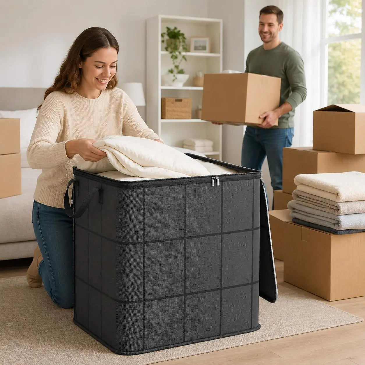 🔥Spacious Moving Storage Bin – Large Capacity Zippered Fabric Organizer for Bedding & Clothes
