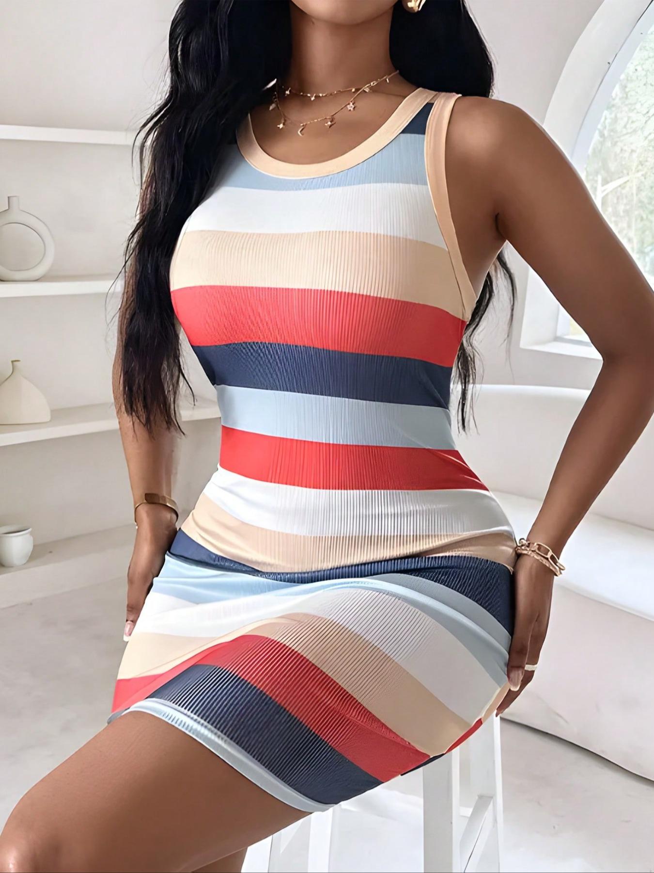 🔥Women's Striped Print Round Neck Ribbed Tank Dress Boho Chic