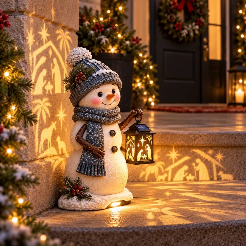 Snowman Nativity Glow™ – Solar Christmas Step Light with Holy Family Projection