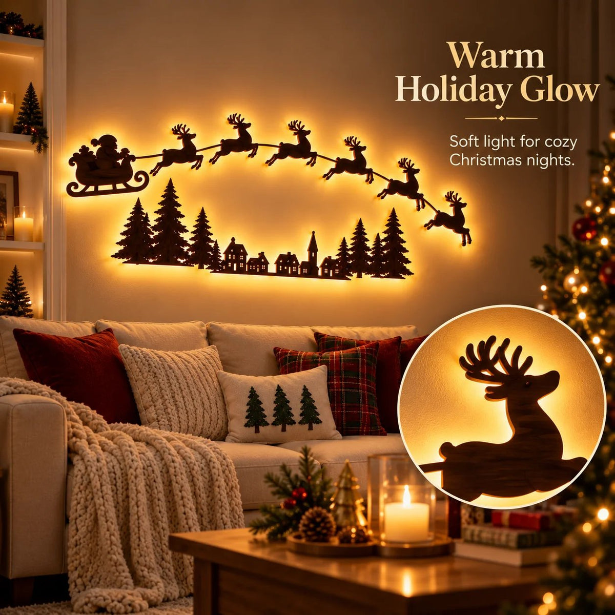 ✨ Illuminated Santa & Reindeer Silhouette LED Christmas Wall Light 🦌