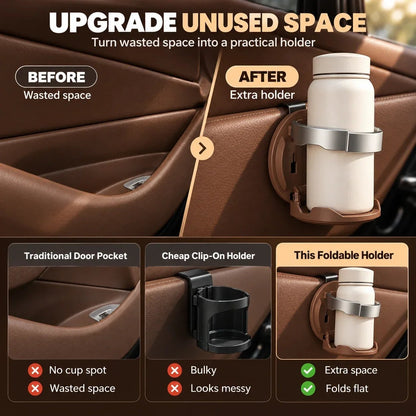 Foldable Car Door Cup Holder & Phone Stand | Hook-In Design