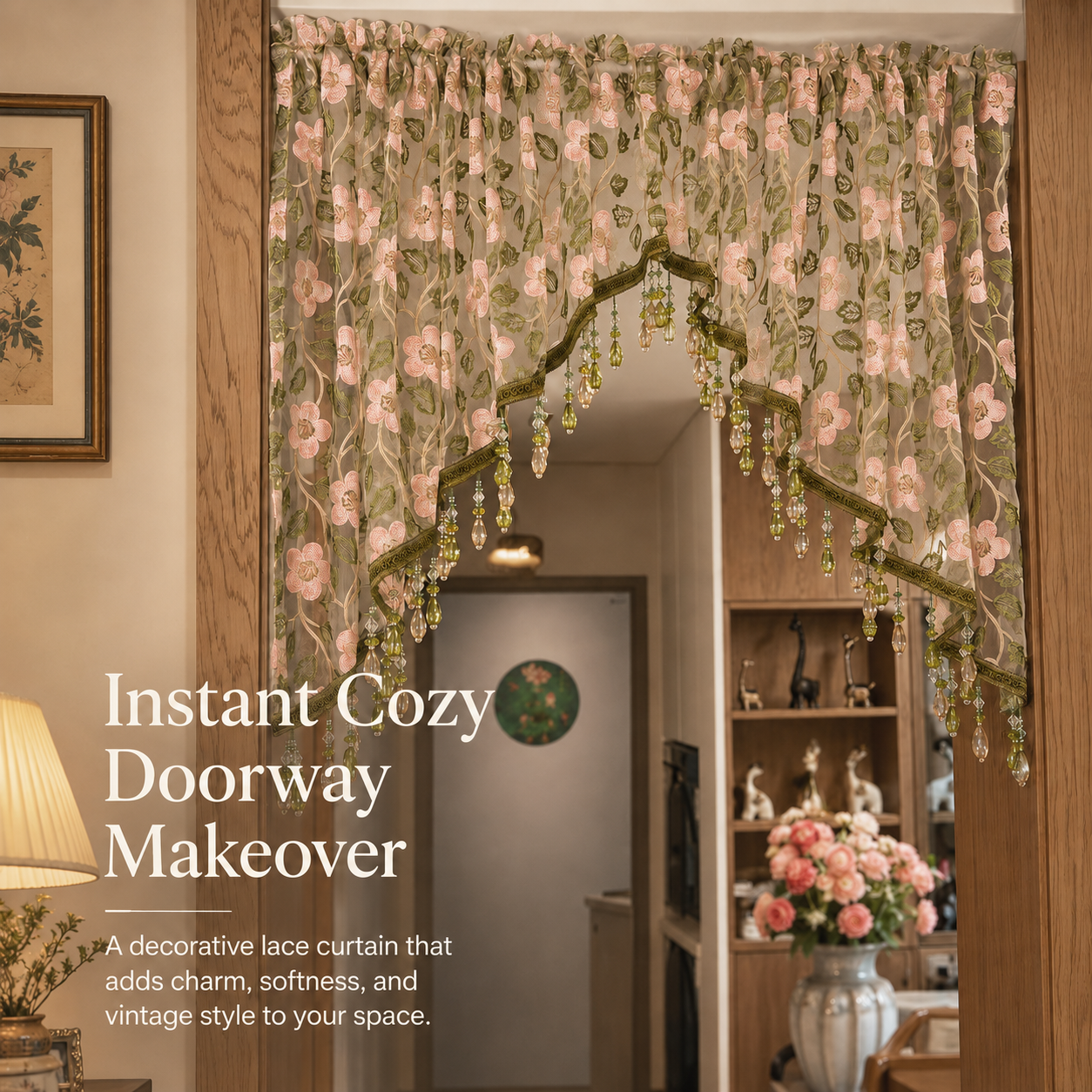 🌸Embroidered Lace Doorway Curtain – Romantic Floral Beaded Sheer Panels
