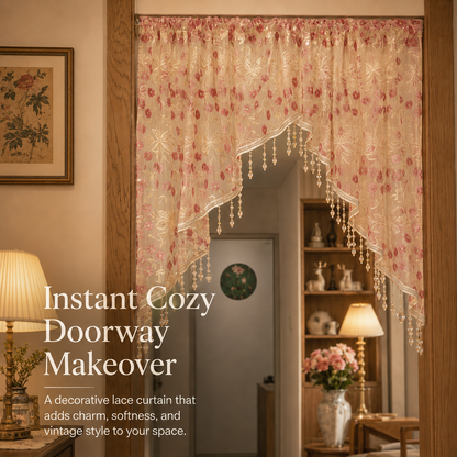 🌸Embroidered Lace Doorway Curtain – Romantic Floral Beaded Sheer Panels