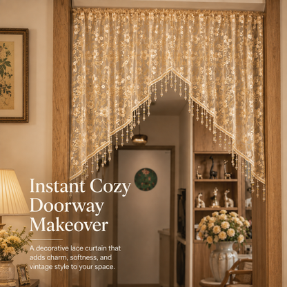 🌸Embroidered Lace Doorway Curtain – Romantic Floral Beaded Sheer Panels