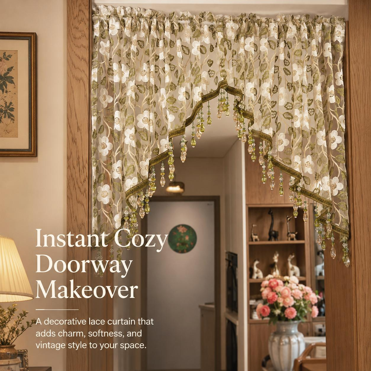 🌸Embroidered Lace Doorway Curtain – Romantic Floral Beaded Sheer Panels